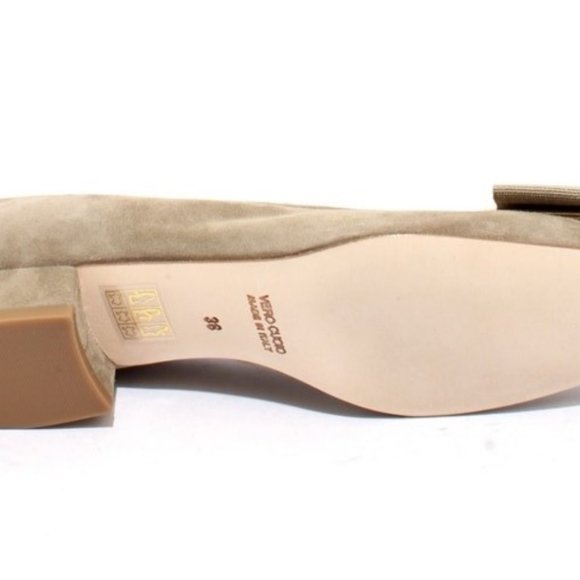 ITALIAN Khaki Suede Leather Gold Bow Shoes - Picture 8 of 8